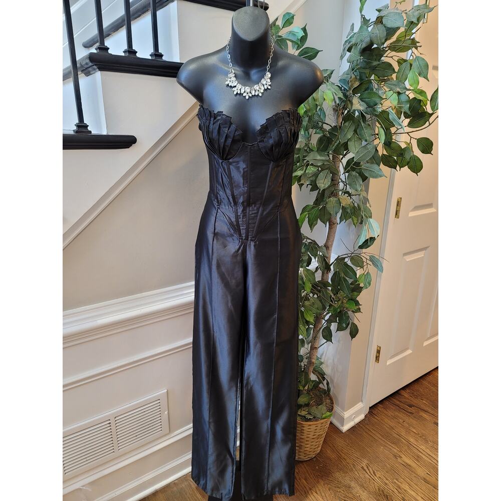 PrettyLittleThing Strapless Satin Jumpsuit Women's US 4 Black 100% Polyester